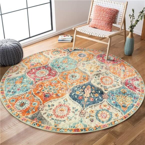 Moroccan Trellis Round Area Rugs - Washable Small Round Rug 3ft Non-Slip - Picture 1 of 7